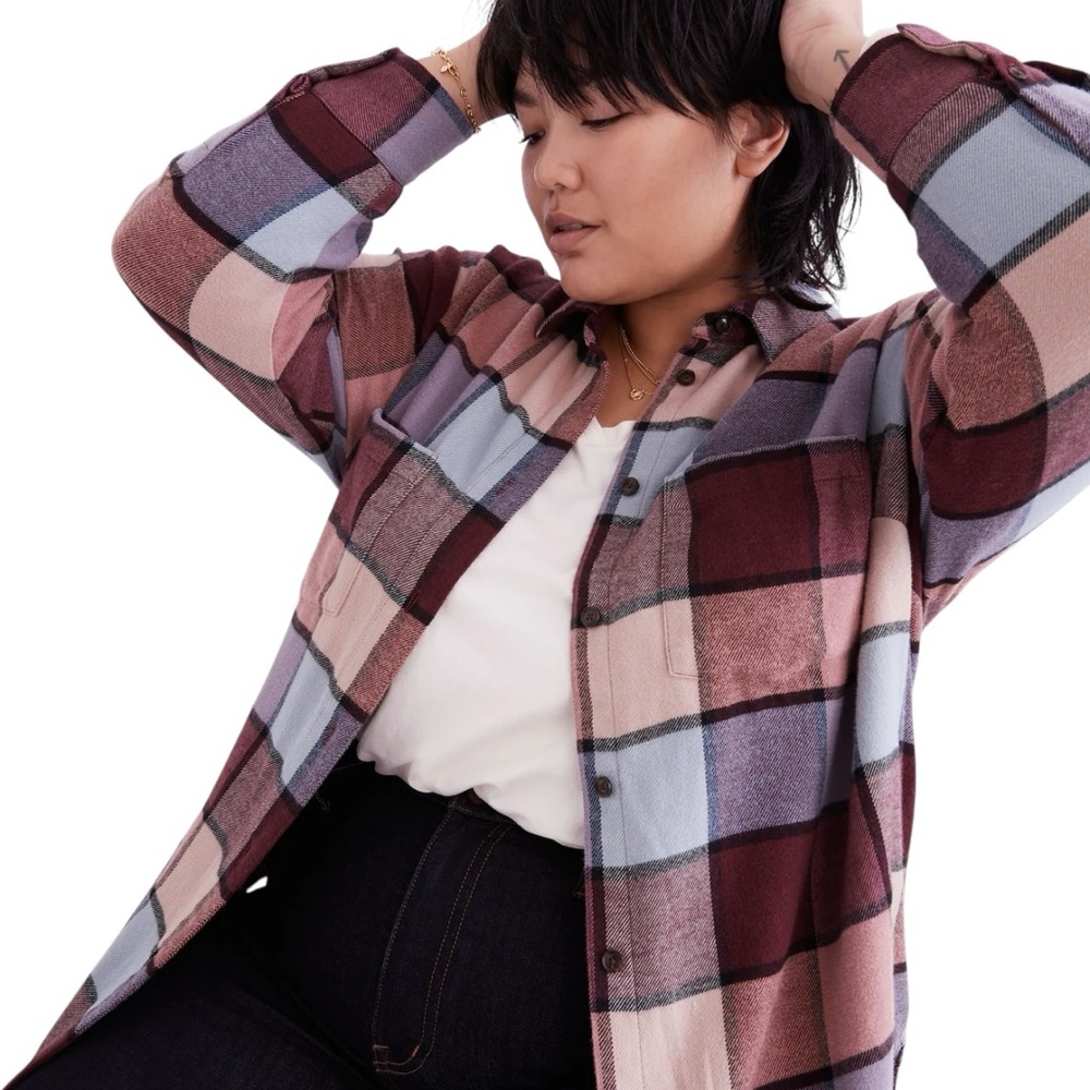 Madewell Plus Sunday Plaid Button Down Dusty Pink Blue Flannel with Pockets 1x - Picture 8 of 10